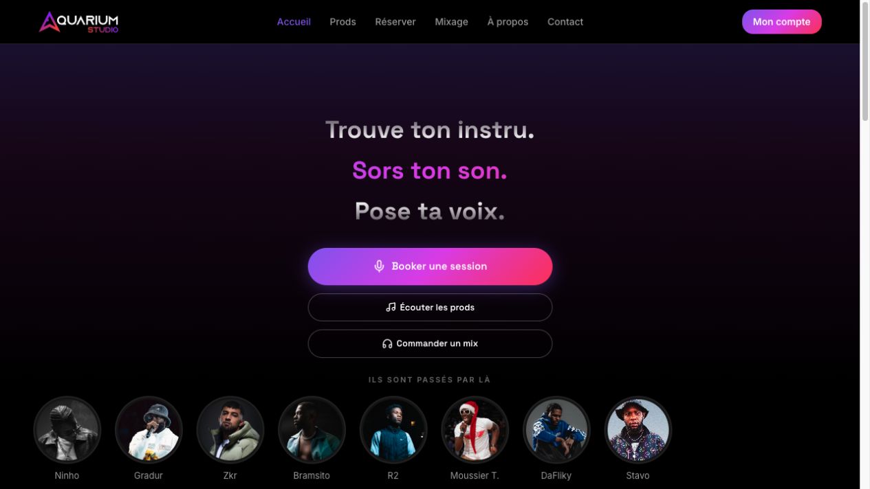Aquarium Studio homepage design with purple and pink accents and booking calls to action