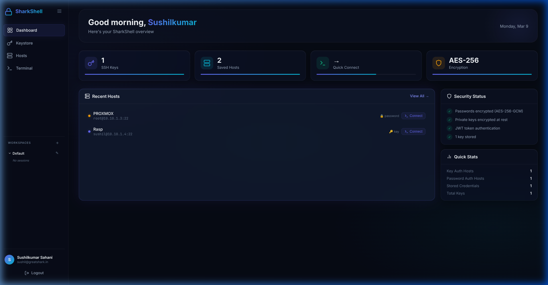 SharkShell dashboard showing server hosts, keys and account security