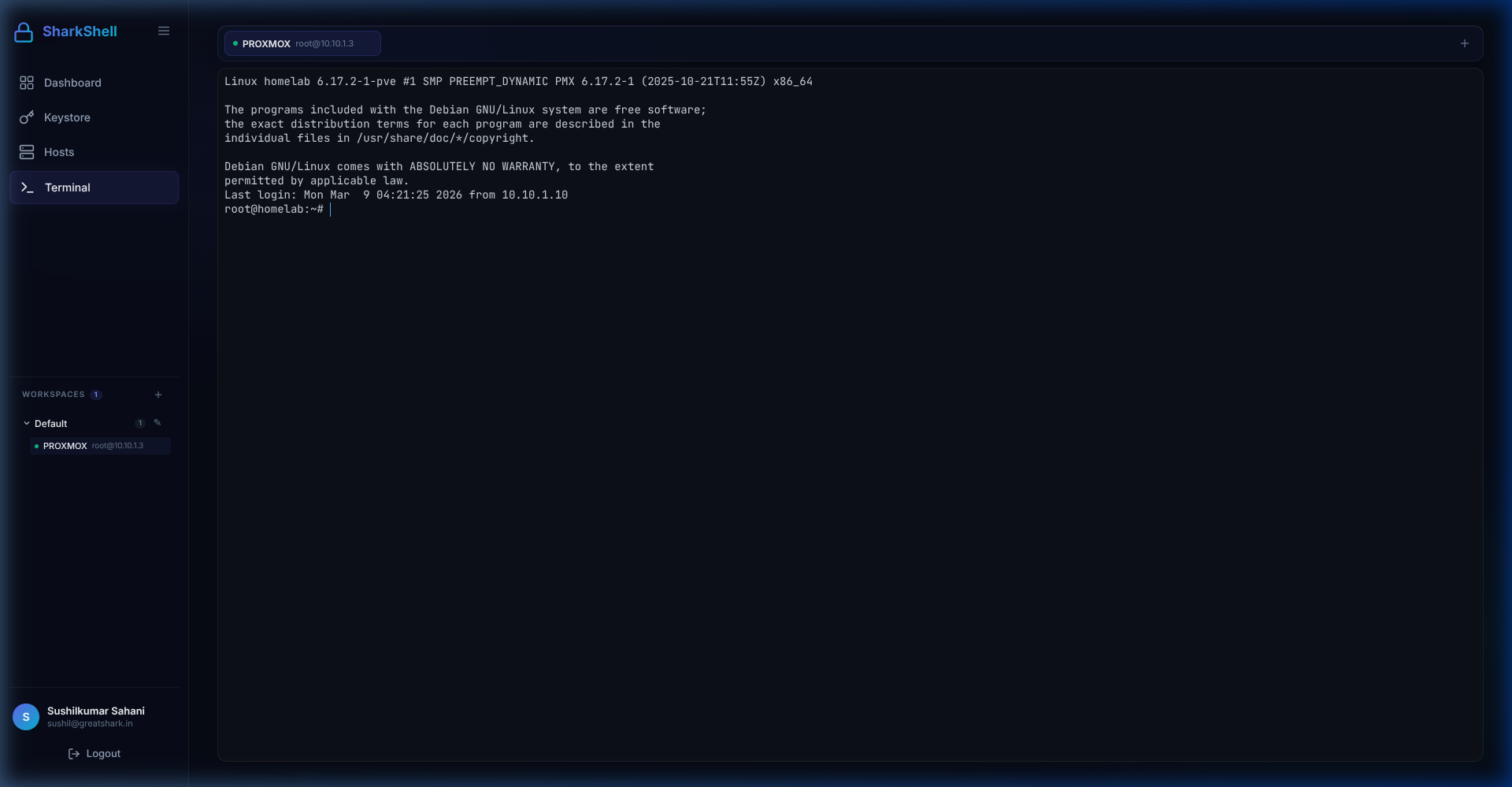 SharkShell browser terminal interface with multiple SSH session tabs